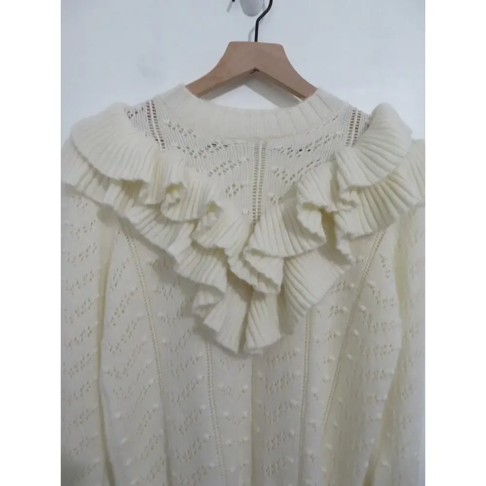 Tularosa Sz L Cream Manny Ruffle Sweater Wool Blend Pointelle Knit Long Sleeve